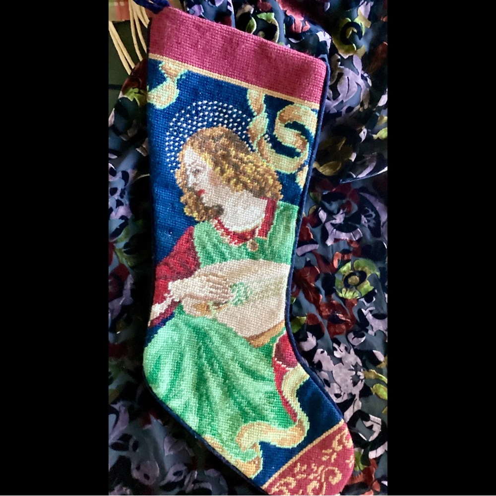Needlepoint Silvestri 20” Hand Made Petit Point Christmas Angel Stocking new
